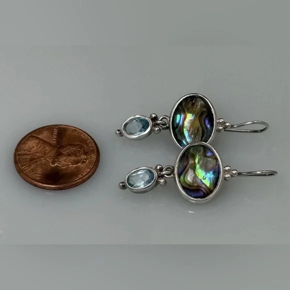 Sterling Silver 925 Abalone Blue Topaz Dangle Earrings French Wire 1.25" L - Picture 7 of 8